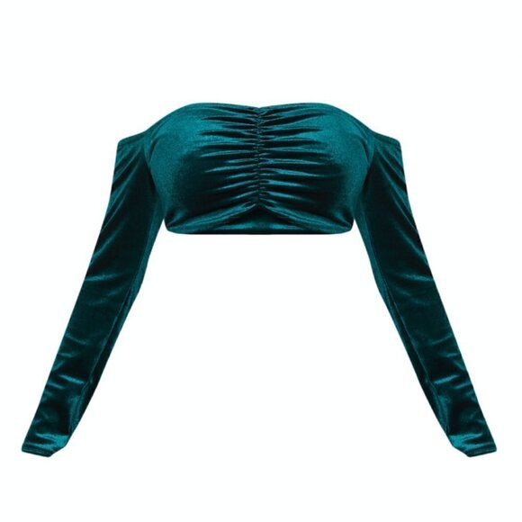 PrettyLittleThing Velvet Crop Top 14 NWT Shape Emerald Green Ruched Front Bardot - Picture 3 of 7